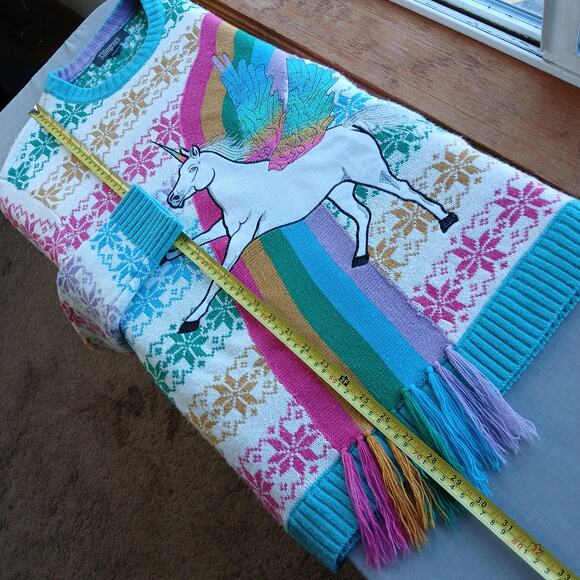 33Degrees Rainbow Unicorn Sweater L fair isle snowflakes soft white tassels ugly - Picture 13 of 15